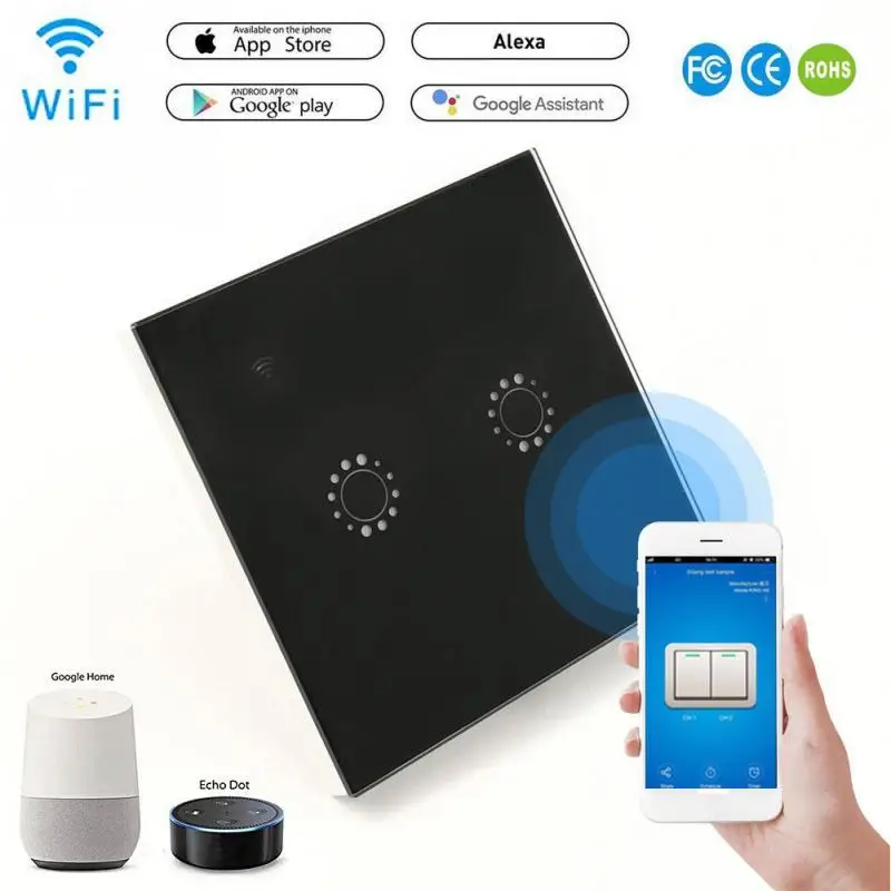 Закаленное Стекло Панель Смарт Wi-Fi стены Выключатель света 2 банды сенсорный