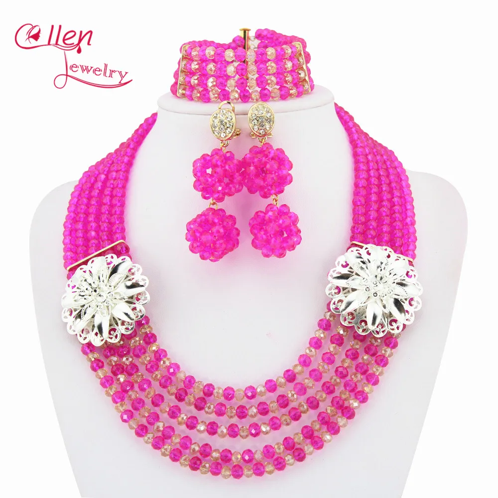 

High Quality 5 Rows Hot Pink african Crystal beads Jewelry Set Nigerian Wedding Gift Bridesmaid Necklace Sets for women HD2724