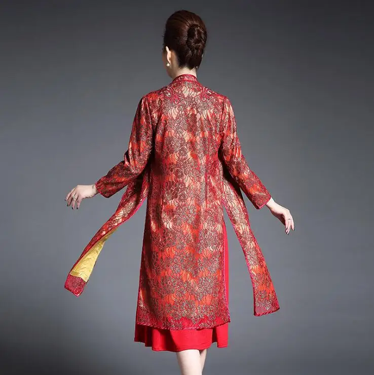 

M-5XL Plus Size Summer Women 2 Piece Set Dress 2020 Vintage Embroidery Long Cardgain + Beading Sleeveless V-neck Dress Suit