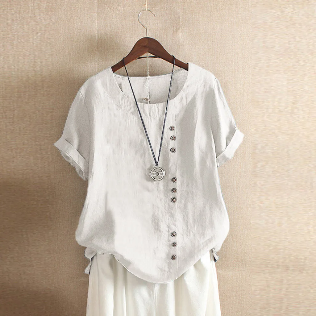 Блузка женская льняная в винтажном стиле хлопковая туника с коротким рукавом