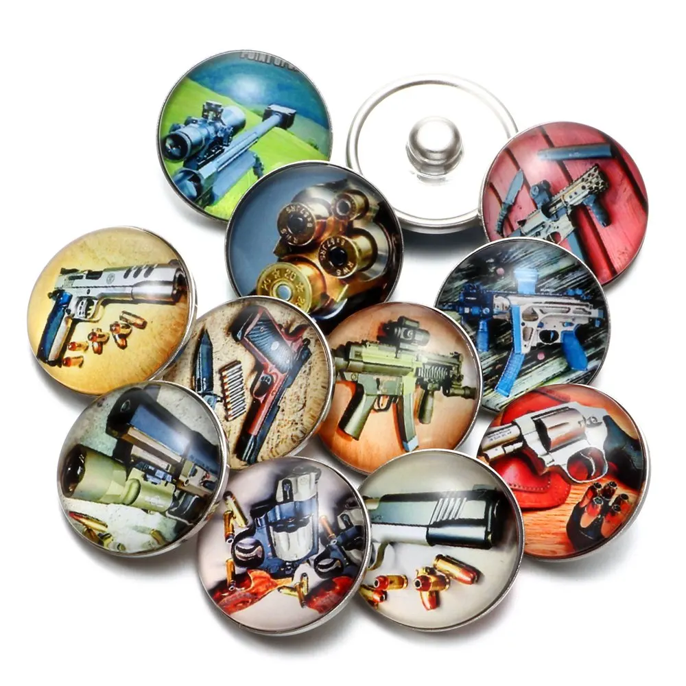 12 шт./лот пушка оружие узор Стекло Шарм 18 мм кнопки украшения для щелкает браслет