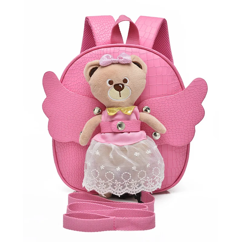 

Cute Angel Bear Anti-lost School Bags For Girls Leather PU Baby Girl Backpack Kindergarten Bags Children's Gifts For Age 1-3
