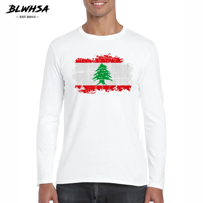 

BLWHSA Classic Lebanon Flag Nostalgic Style Men T Shirt Long Sleeve O neck T-shirt Cotton Tees Tops Men Brand Tshirt Big size