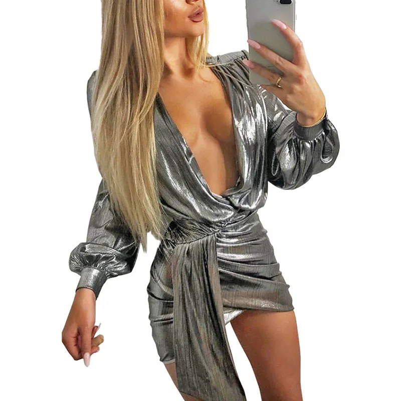 Модные блестящие женские сексуальные v образным вырезом с длинным рукавом Мини