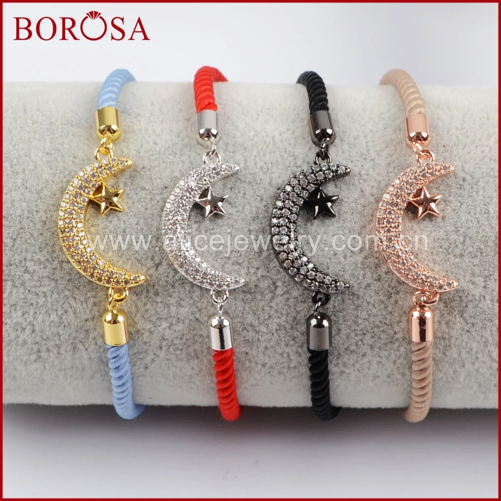 

Женский браслет BOROSA Star & Moon, браслет на цепочке из хлопчатобумажной веревки с микро покрытием, белый циркон, Crescent, WX692