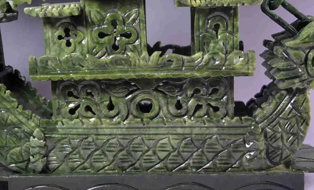 Large Chinese Hand Carved Natural Jade Dragon Incense statue Dragon Boat NT