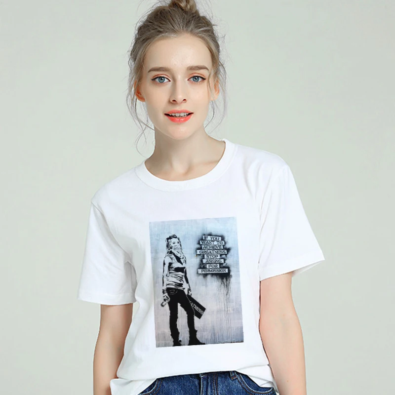 2019 футболка Женская Хлопок Бэнкси стрит арт Harajuku эстетика Сексуальная короткий