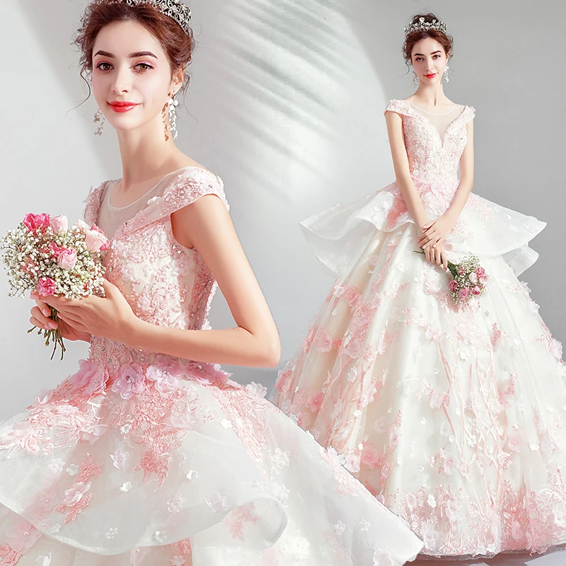 Праздничные платья для выпускного вечера, розовое, цвета слоновой кости, длинное выпускное кружевное платье с аппликацией, цветами, бусинами и кристаллами, бальное платье с рукавом-крылышком, Многоярусное платье для прогулки рядом с вами