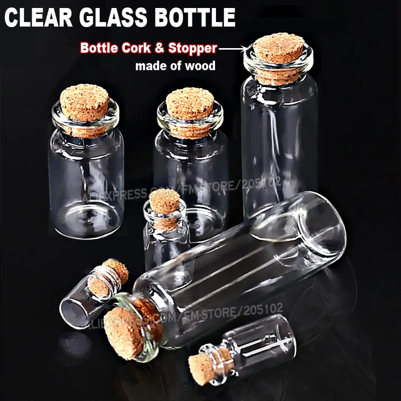 

1-25ml Empty Clear Glass Bottles Jars Vial with Cork Stopper for DIY Wish Message Sample Perfume container Nail Art bead reagent