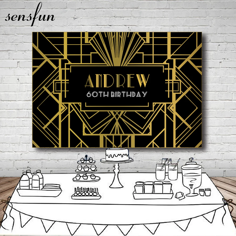 

Sensfun Happy 60th Birthday Party Backdrop Gold Black Geometry Great Gatsby Backgrounds For Photo Studio Customized 7x5FT Vinyl