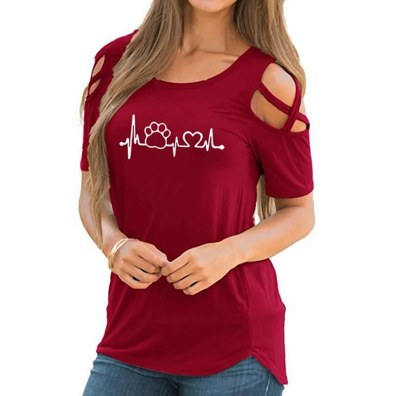 Женские футболки кавай отпечаток лапы кошки топы с открытыми плечами Blusas рубашки