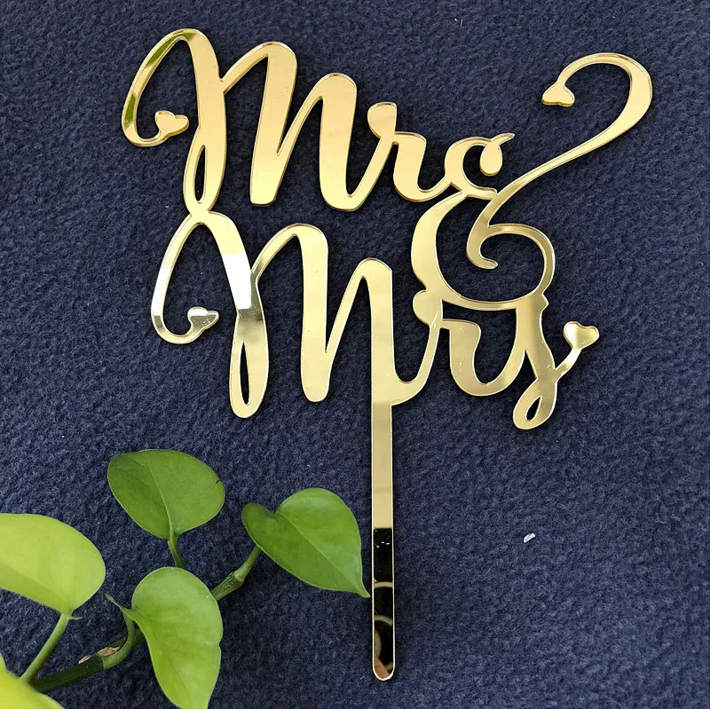 Зеркальный золотой свадебный торт Mr & Mrs Топпер для свадебных декораций золотые