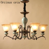 american luxury blue ceramic chandelier living room bedroom lamp european retro creative iron chandelier free shipping