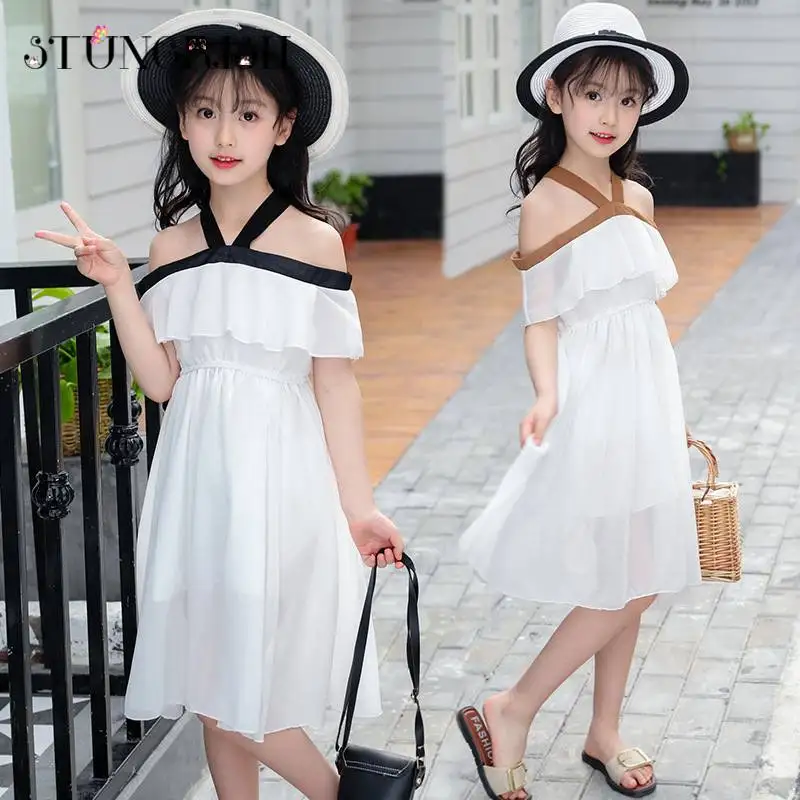 Модные платья для подростков белое пляжное платье с рюшами без бретелек детская