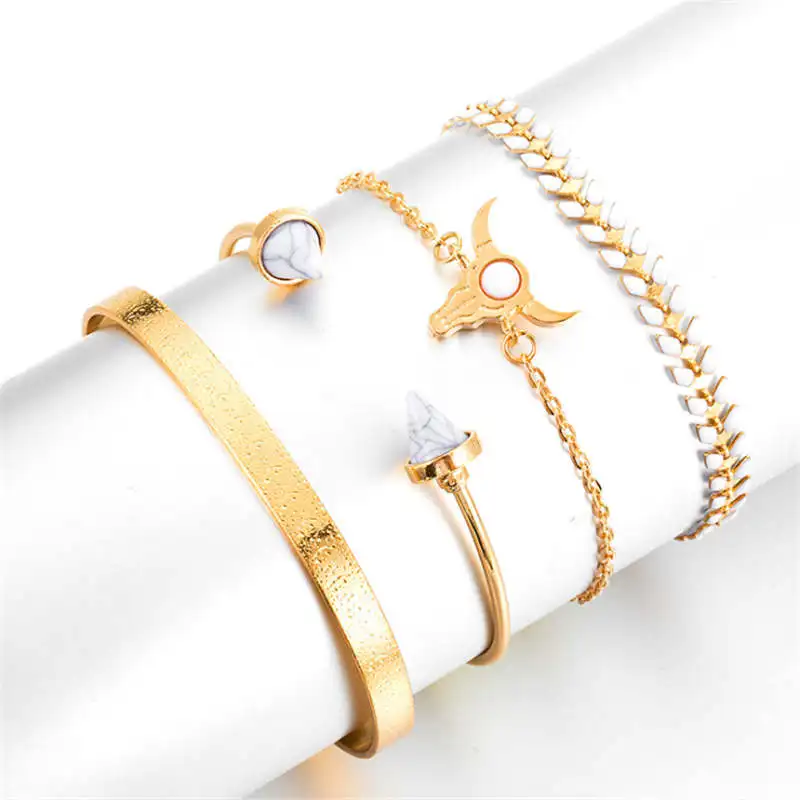 

new woman geometry triangle Simple natural wheat ears zodiac bull head opening arrow bracelet 4 piece set