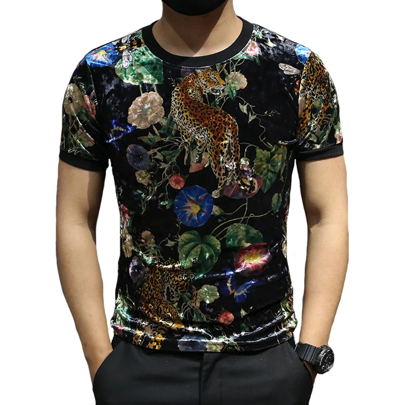 Бархатные футболки мужские с принтом животных черные Клубные Chemise Tiger новые