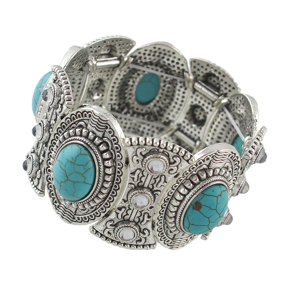 Boho Стиль Большой себе Браслеты серебряные украшения Цвет синий камень широкий