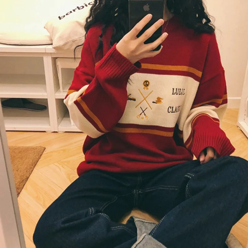 Woherb женский корейский Harajuku полосатый свитер женский пуловер Kawaii Ulzzang вышивка джемпер одежда для женщин 22873
