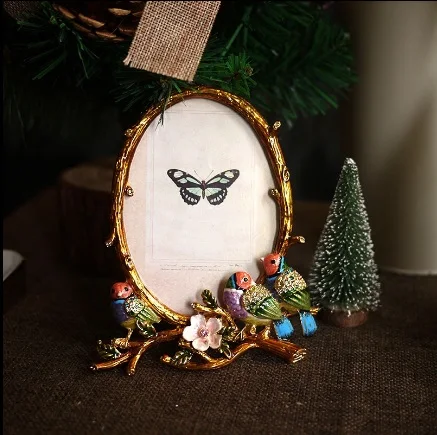 6 дюймовая металлическая резная Цветная птица овальная фоторамка настольное
