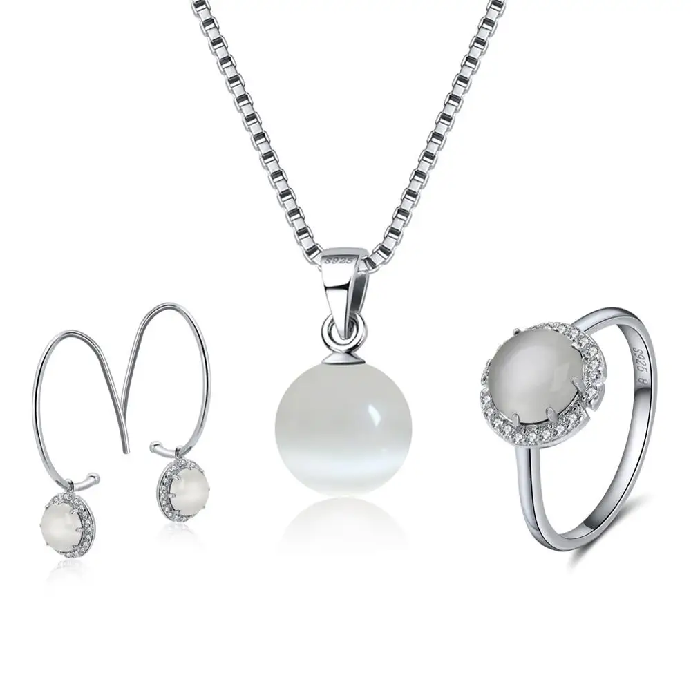 Cat Eye Stone ORSA JEWELS 925 стерлингового серебра женские кольца бирюзовые серьги с каплями+ ожерелья Кристалл Медальон натуральный камень ювелирный набор OSS27 - Цвет камня: Cat Eye Stone