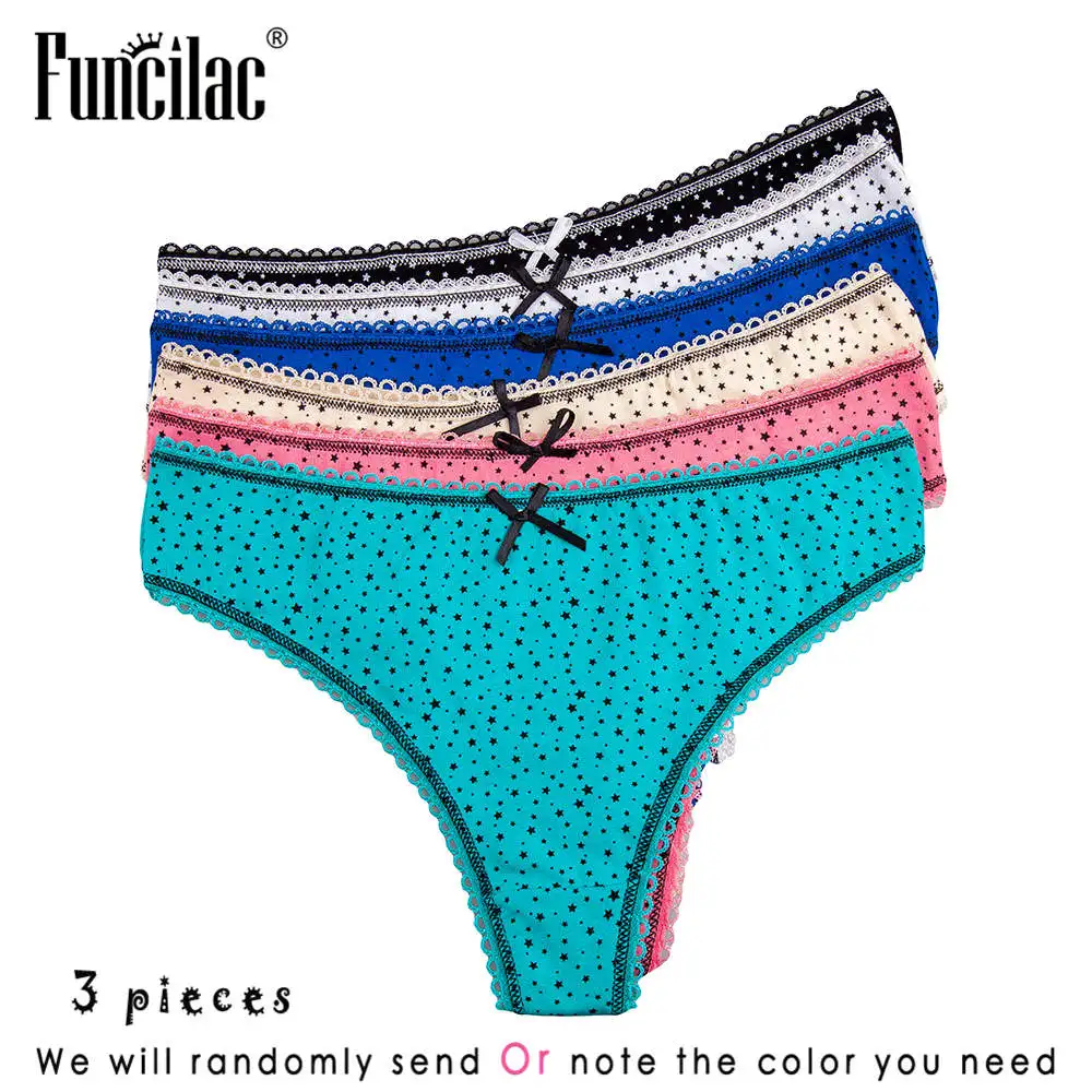 random colors -3 pcs FUNCILAC Нижнее белье женские маленькие звезды g-стринги в горошек хлопок сексуальные белые женские трусики Новое Женское нижнее белье 3 шт - Цвет: random colors -3 pcs
