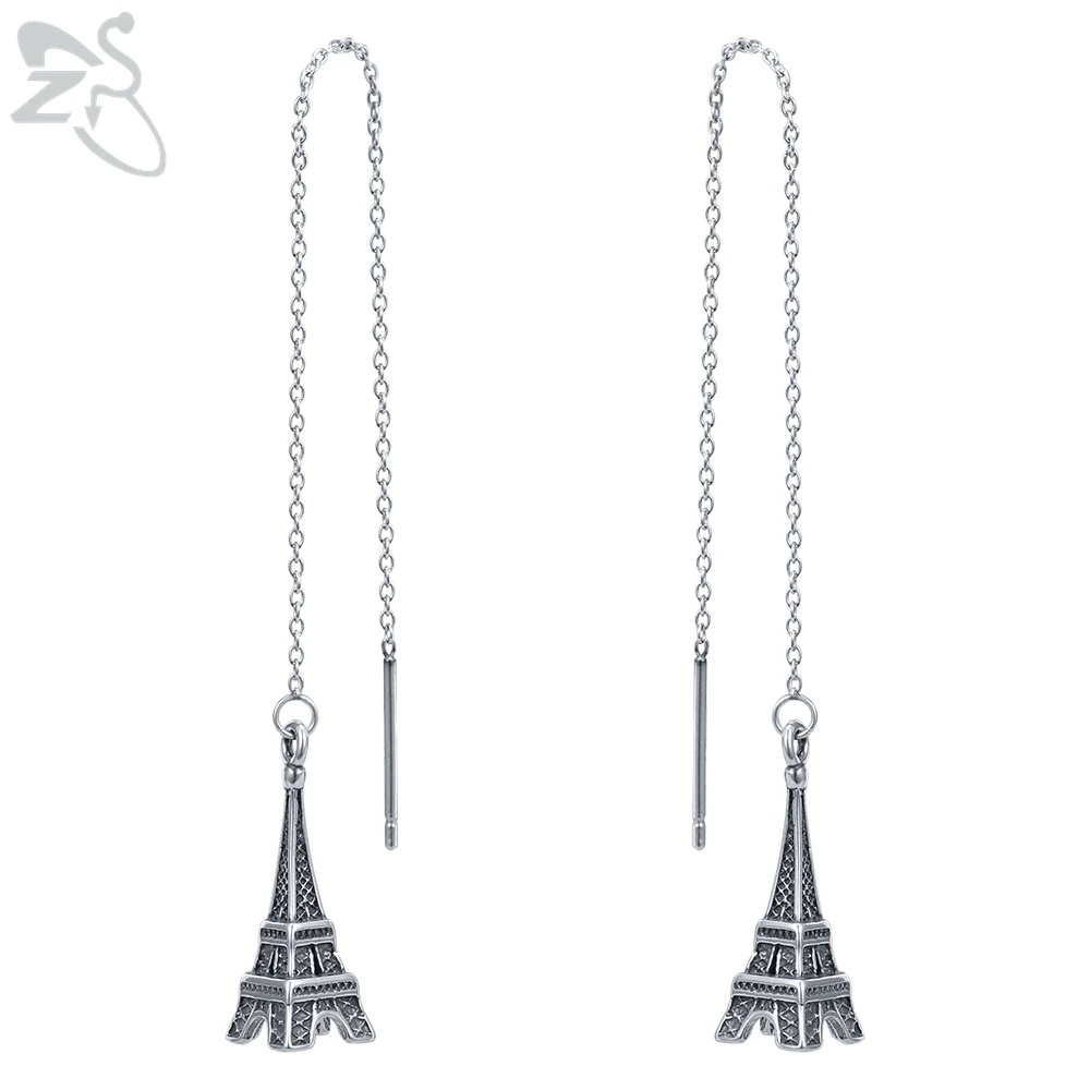 

ZS Eiffel Tower Pendant Earrings Stainless Steel Long Ear Line Punk Vintage Jewelry For Women Men Antique Silver Plated Brincos