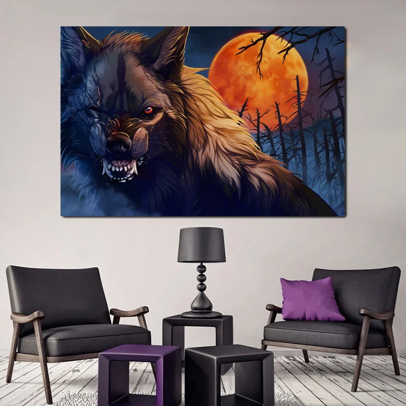Angry wolf evil werewolf fangs dead forest Wolfroad Moon гостиная домашняя стена современное искусство
