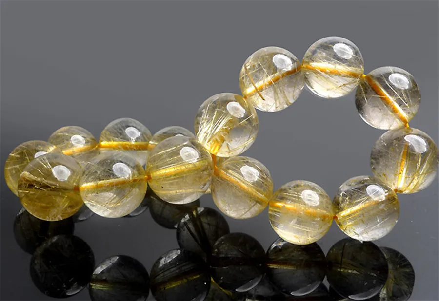 13.5mm Rond Beads Genuine Natural Gold Yellow Rutilated Quartz Bracelet Crystal Clear Round Bead Stretch From Brazil | Украшения и