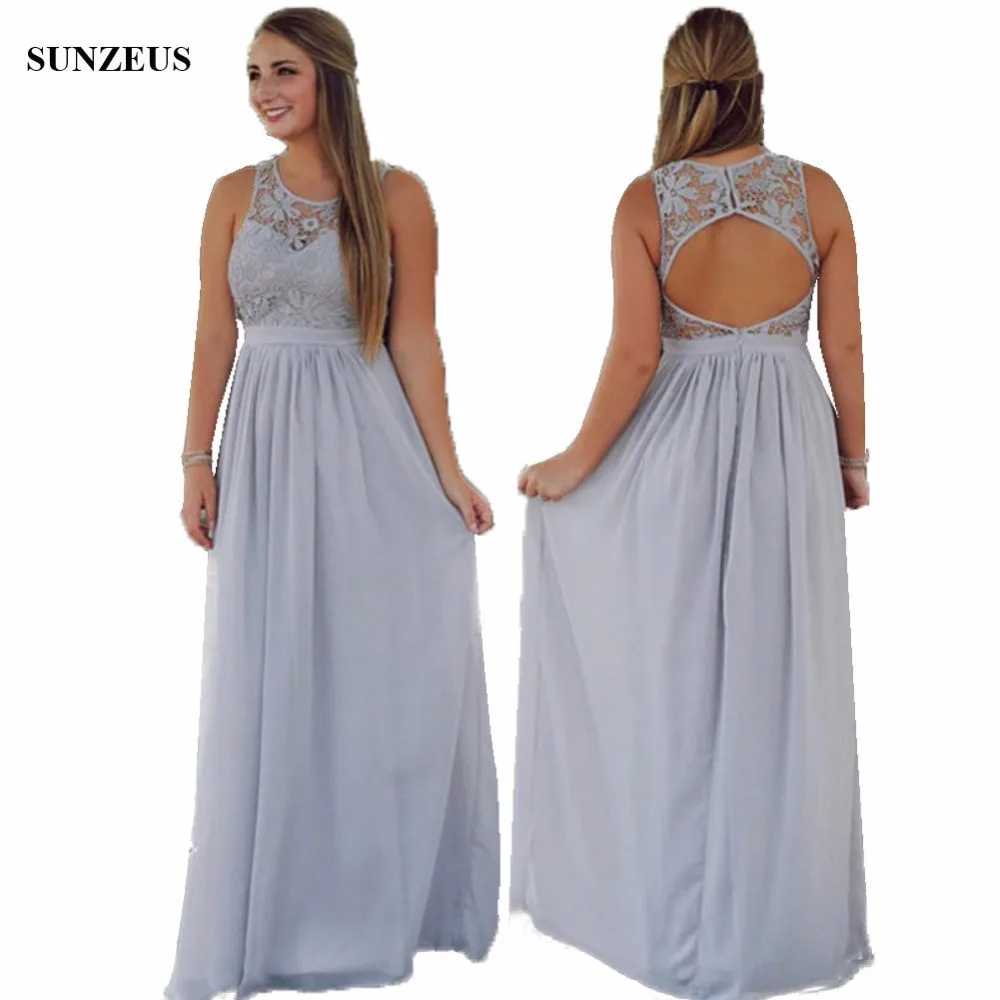 

Grey Bridesmaid Dresses Long Chiffon A-line Wedding Party Gowns Lace Tank Keyhole Back Sexy dress for bridesmaids BDS003