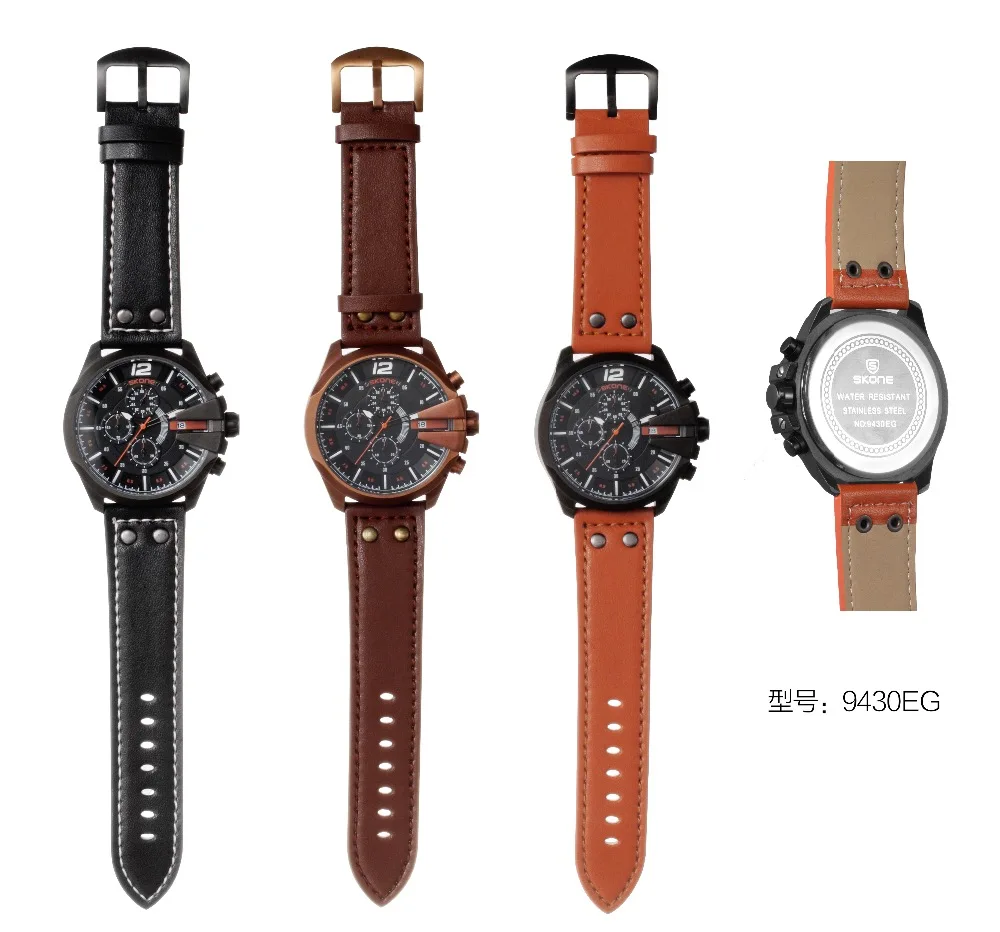 SKONE часы мужские военные водонепроницаемые кожаные Авто Дата кварцевые наручные