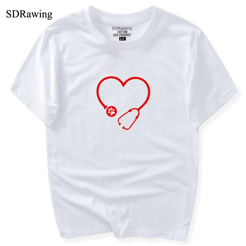 Футболка ветеринарная с принтом лапы в форме сердца модный топ круглым вырезом