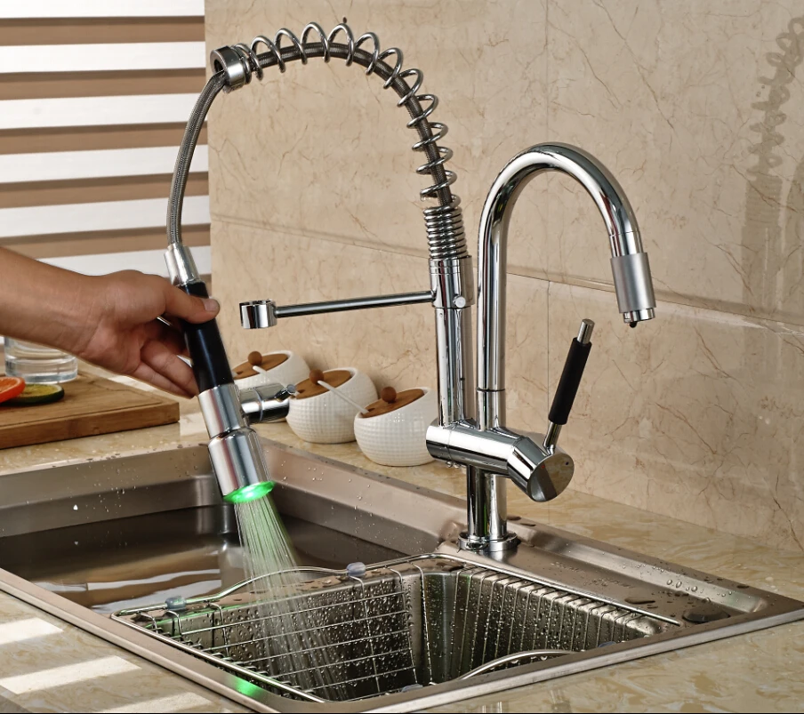 Modern Design Deck Mount Spring Double Swivel Spout Kitchen Mixer Faucet Single Handle with LED Light | Обустройство дома