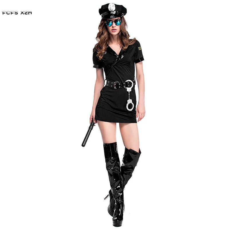 

S-XXL Black Women Halloween Policewoman Costume Female Police Uniform Cosplay Carnival Purim Nightclub Bar Role Play Party Dress