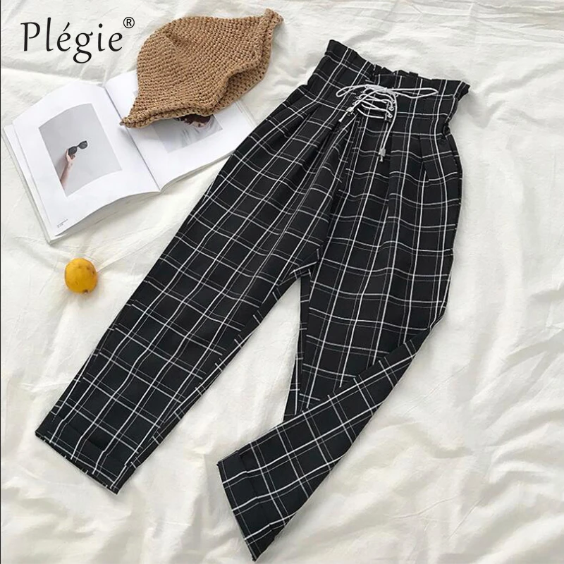 Женские клетчатые брюки Plegie со шнуровкой и поясом на завязках новинка 2019