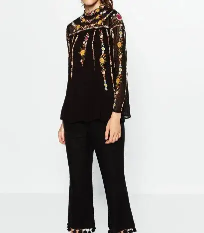 Новинка 2017 черная туника в стиле бохо с высоким воротником и длинными рукавами