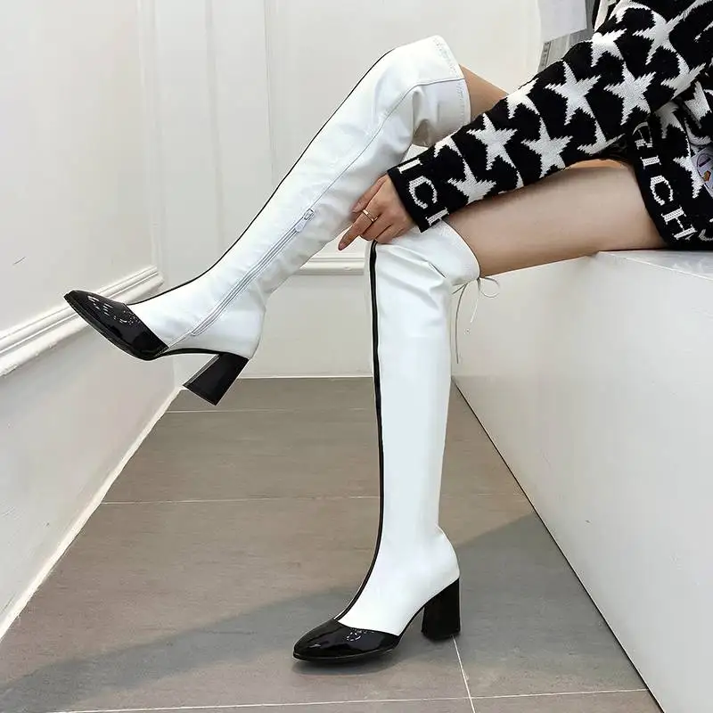 

REAVE CAT Sexy Party Shoes women over the knee boots Pointed toe Zipper long booties Block high heel