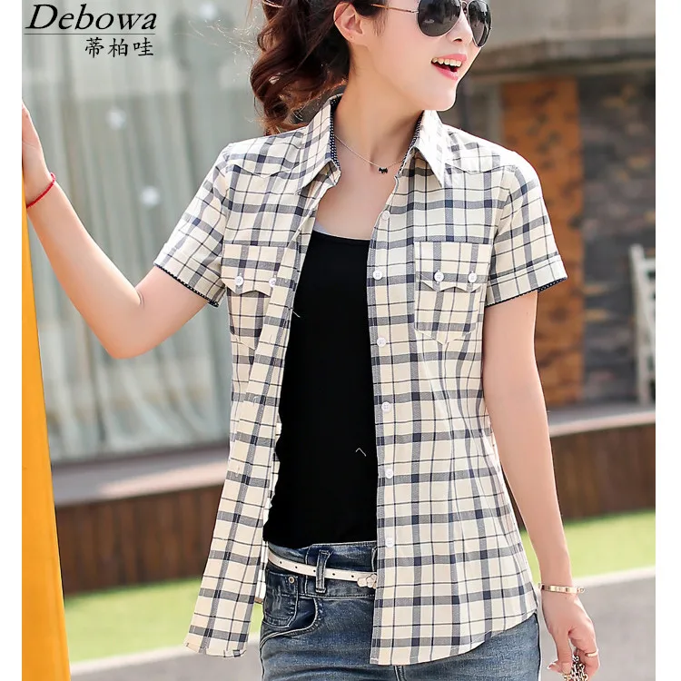 3XL плюс Размеры плед хлопковая блуза Для женщин Топы корректирующие 2016 Новинка