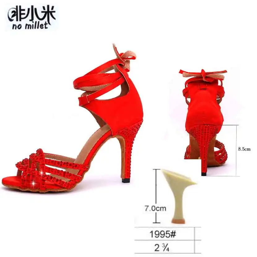Red-7cm Стразы 8,5 см; Обувь для бальных танцев; женская обувь для латинских танцев, сальсы, бачаты; обувь для выступлений; замшевая подошва; Красная атласная обувь для танцев - Цвет: Red-7cm