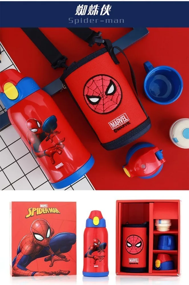 Spider man Disney disney детская бутылка для воды три крышки 600 мл прочный термос чашка с чашкой набор кружка с ремнем подарок Tazas ребенок чашка Сиппи - Цвет: Spider man