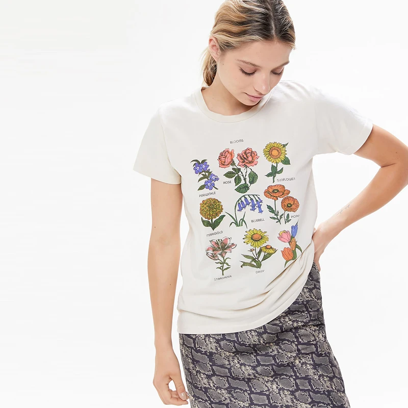 

New Arrival Women Fashion Streetwear T-shirts O-neck Short Sleeve Flower Print Casual Female Tops OL Lady Tees
