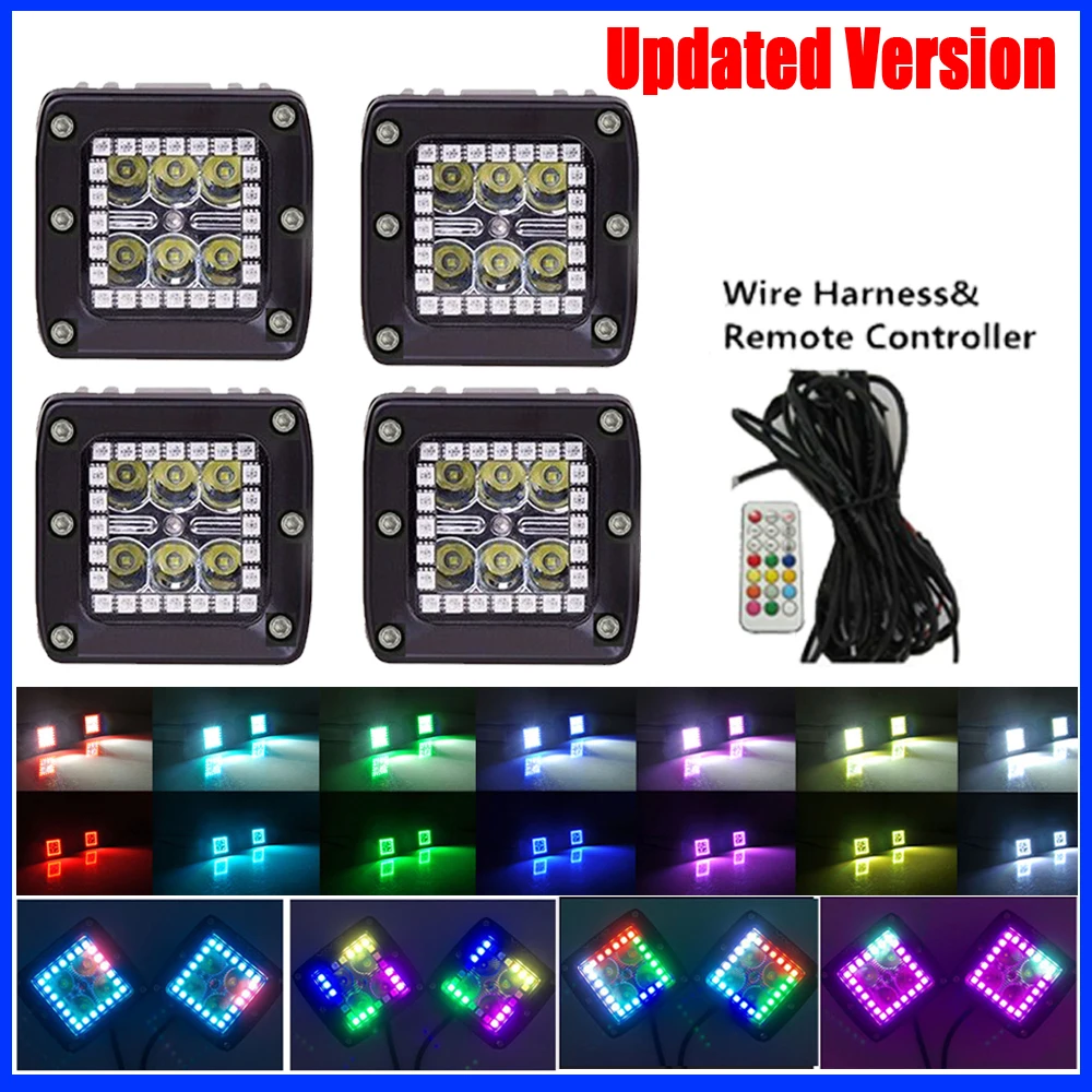 

4x 24W Led Work Light Bar 3" Pod Cubes with RGB Halo Ring 12 Solid Color 36 Chasing mode & wiring kit for Jeep Truck Bat SUV ATV