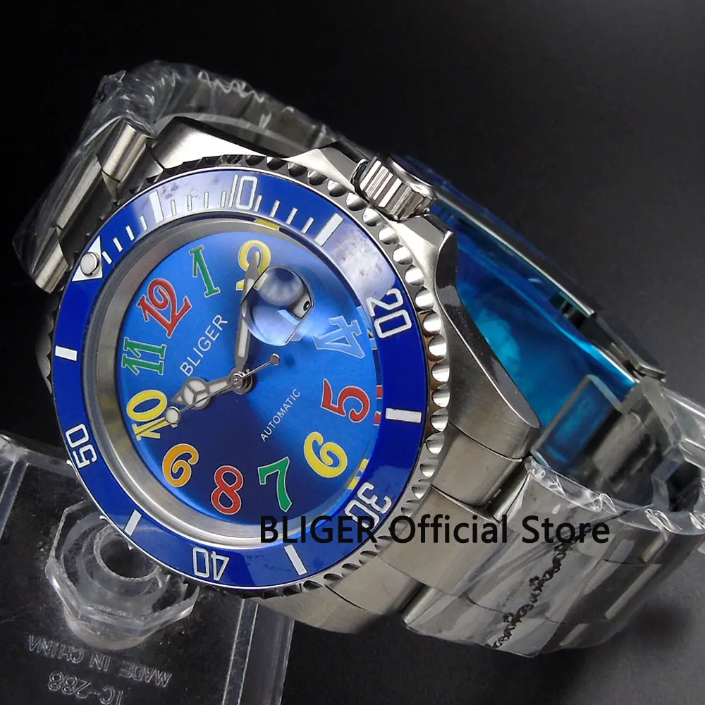 

Sapphire Glass BLIGER 40mm Blue Dial Blue Ceramic Bezel Luminous Pointer Date Magnifier Miyota Automatic Movement Men's Watch