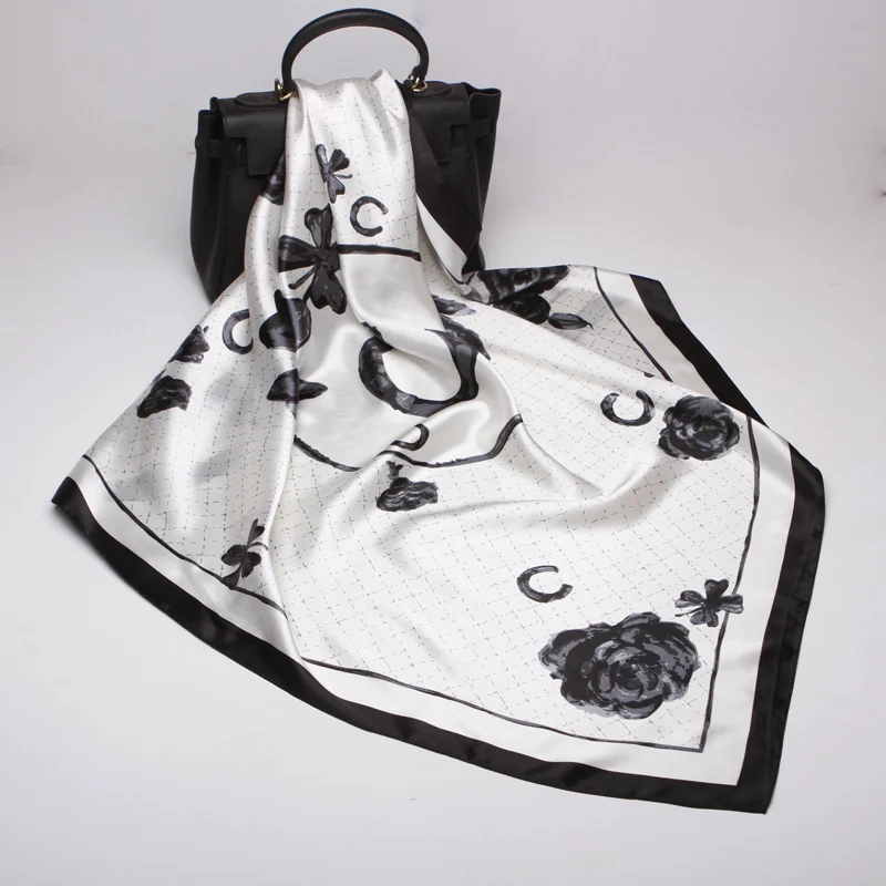

[FEILEDIS]Fashion Women Scarf Luxury Brand Silk Satin Shawl Scarfs Foulard Square Head Scarves Wraps 2018 NEW 90x90cm AS002