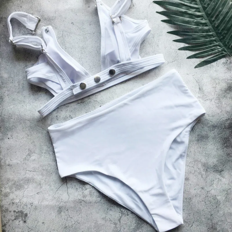 

Female High Waisted Bikini Set Deep V Sexy Solid White Swimwear Women High-grade Fabric Bathing Suit