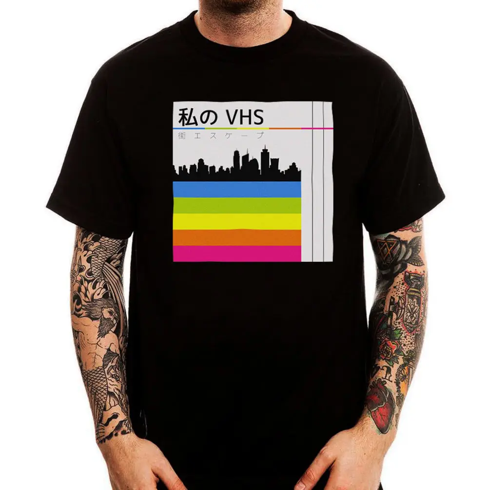 VHS лента крышка Ретро Японии Стиль Vaporwave логотип черный ситец Для мужчин футболка