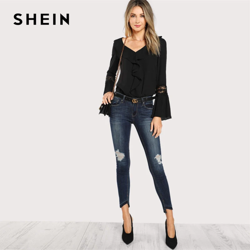SHEIN Модный Топ С Оборкой И Кружевной Вставкой Кружевной Повседневный Топ С Рюшами С V-образным Вырезом Женская Блузка Элегантные Осенние Блузки
