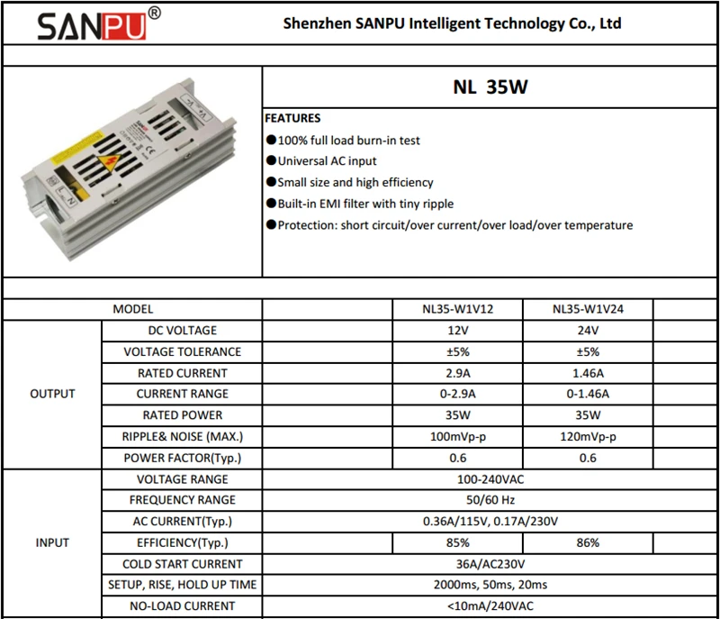 Sanpu smps 35 Вт 12 В светодиодный драйвер 220 в 230 В ac-dc трансформатор освещения 3a импульсный Электропитание Алюминий без вентилятора