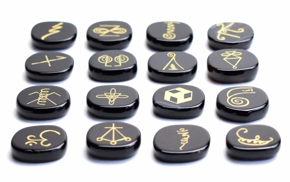 16 PIECES Natural Chakra Black Obsidian Engraved Crystal Reiki KARUNA Magic Symbols Healing Palm Stones Set with a Free Pouch | Дом и сад