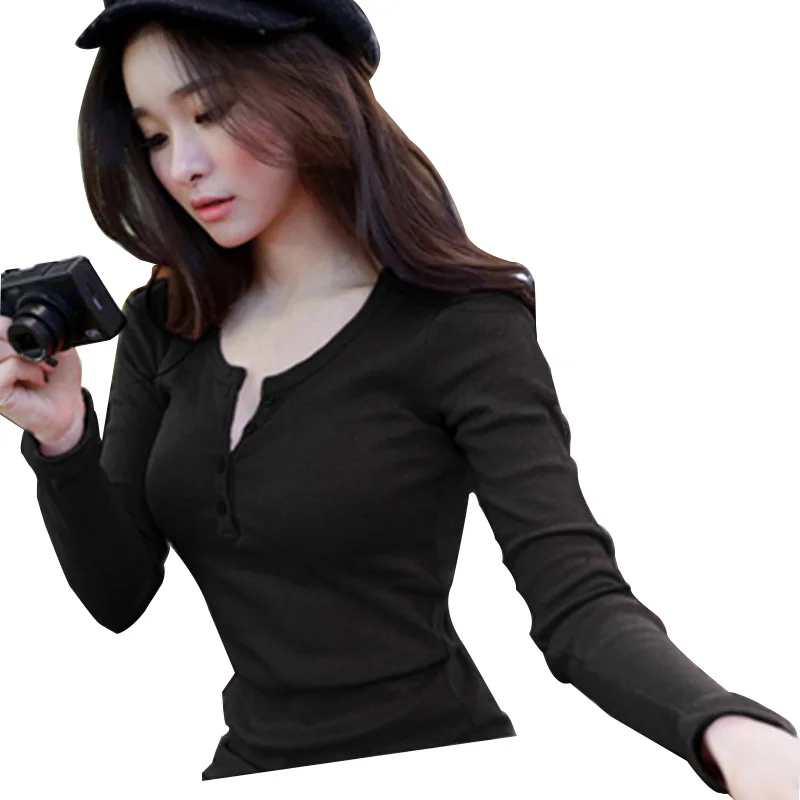 Женская футболка с v-образным вырезом и длинным рукавом однотонная Повседневная