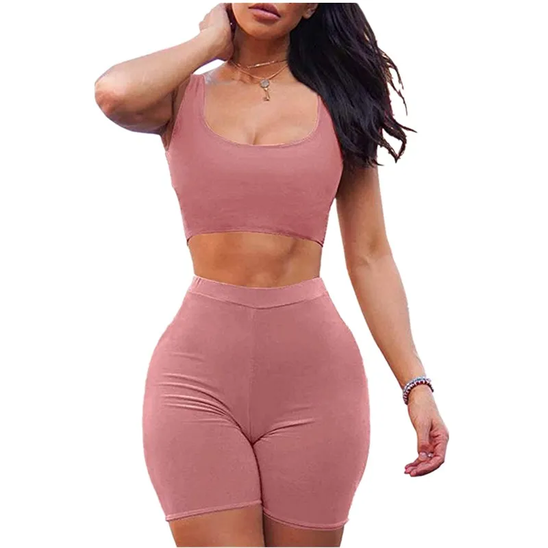 Женский укороченный топ тонкие шорты однотонный облегающий комплект из 2 предметов летний спортивный